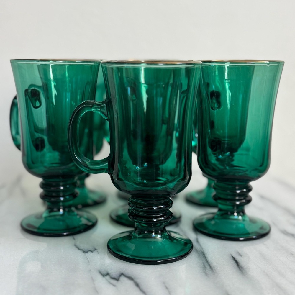 Vintage Libbey Juniper‎ Green Pedestal Irish Coffee Mugs Set of 7